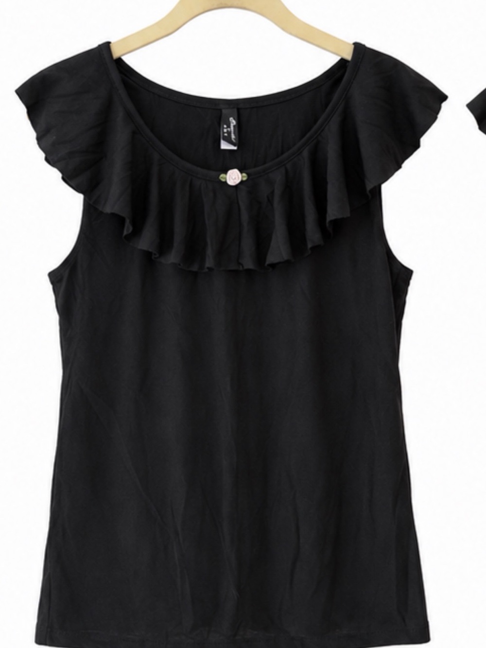 Ruffled Scoop Neck Black Tank Top with Decorative Button